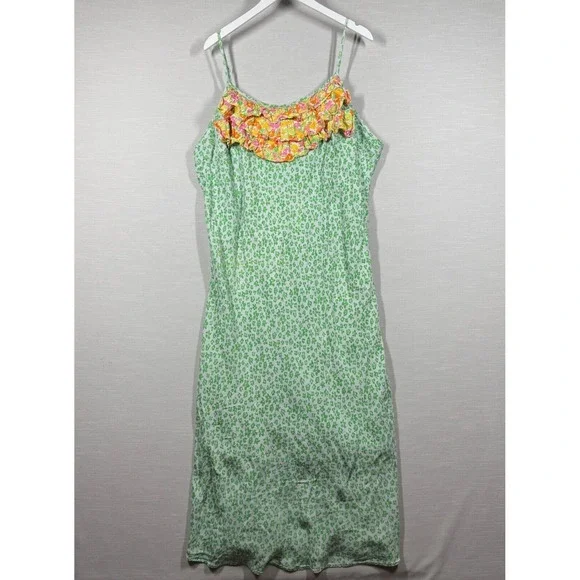 Rixo Dress Womens 2X Green Floral Neon Leopard Sleeveless Ruffle Chic Preppy - Picture 1 of 11